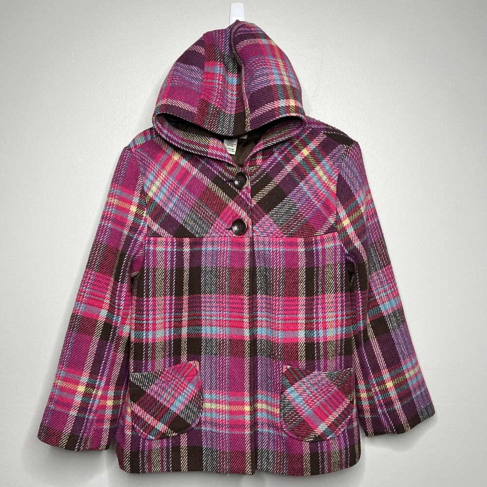 VTG Cherokee Girls XL Pink Plaid Wool Blend Coat Hooded Button Front Lined